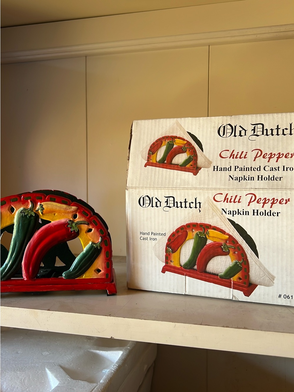 Vintage Old Dutch Chili Pepper Cast Iron Napkin Holder - Red & Green